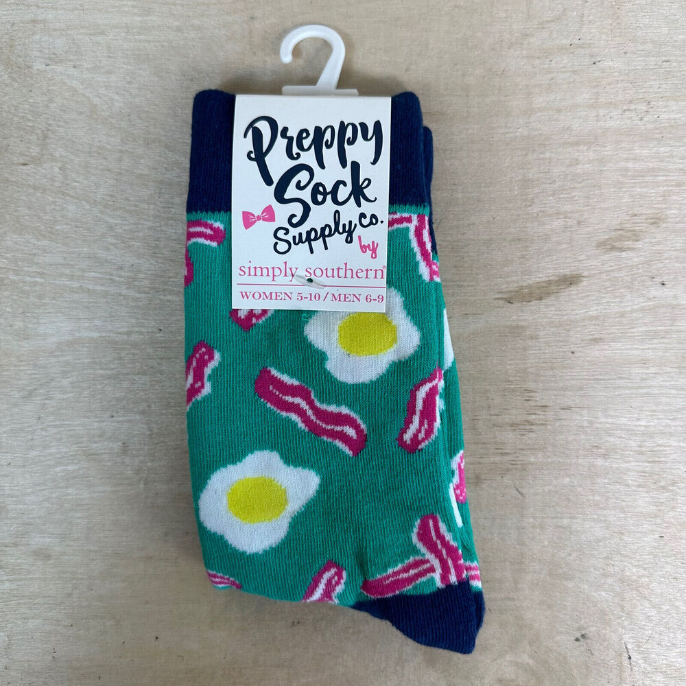 NWT Pair Simply Southern Preppy Sock Co. Socks Bacon & Eggs Breakfast W5-10 M6-9